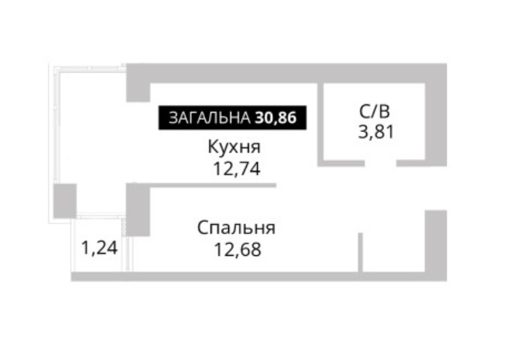Однокімнатна (студія) квартира, 30,86 м2, з розтермінуванням